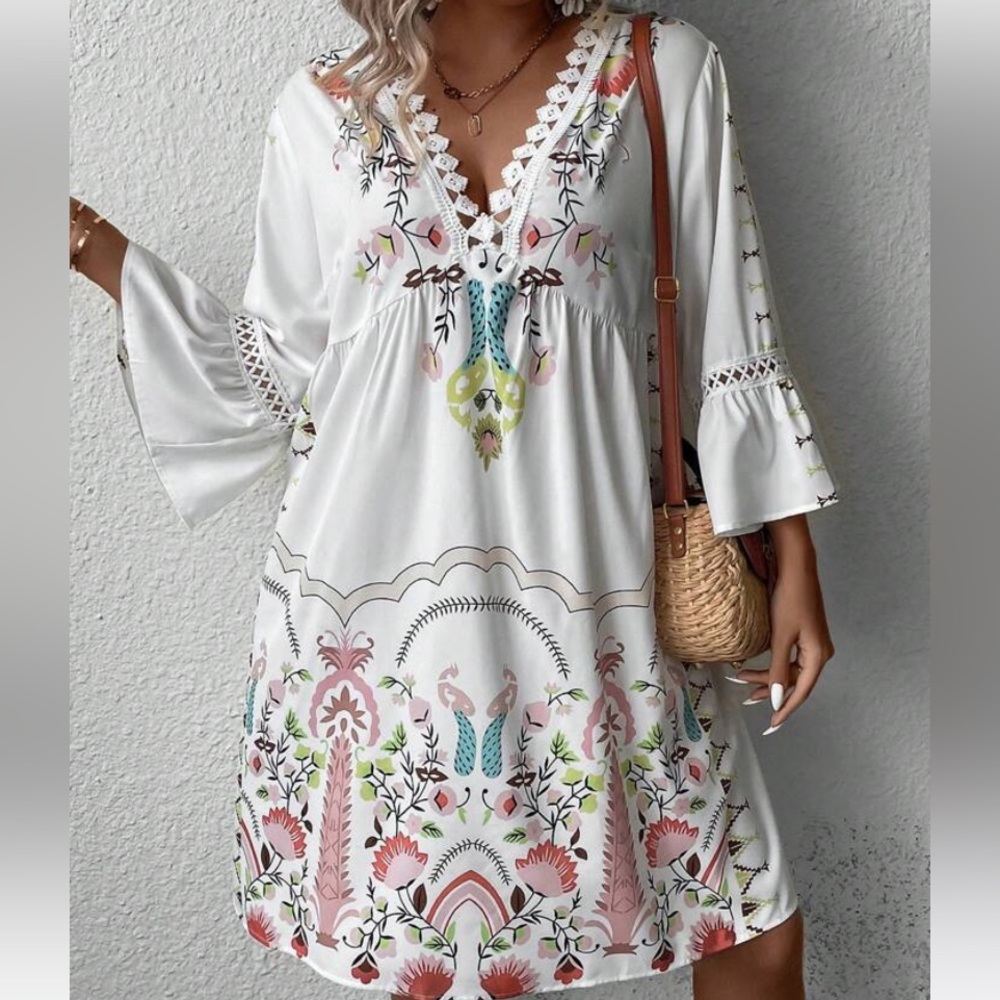 NWT. Shein 70s-inspired bohemian chic dress. White with gorgeous flowers. 3x.